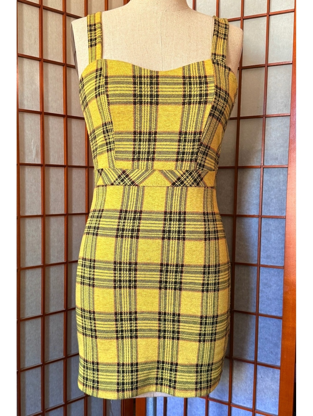Clueless style Yellow Plaid Bodycon Mini Dress – Tagged L, Runs Small